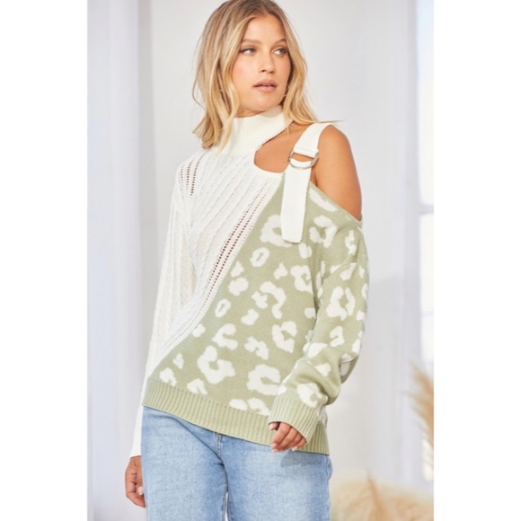 SOLD OUT Sage Leopard Print Cable Knit Long Sleeve Cold Shoulder Buckle Sweater - Picture 6 of 6